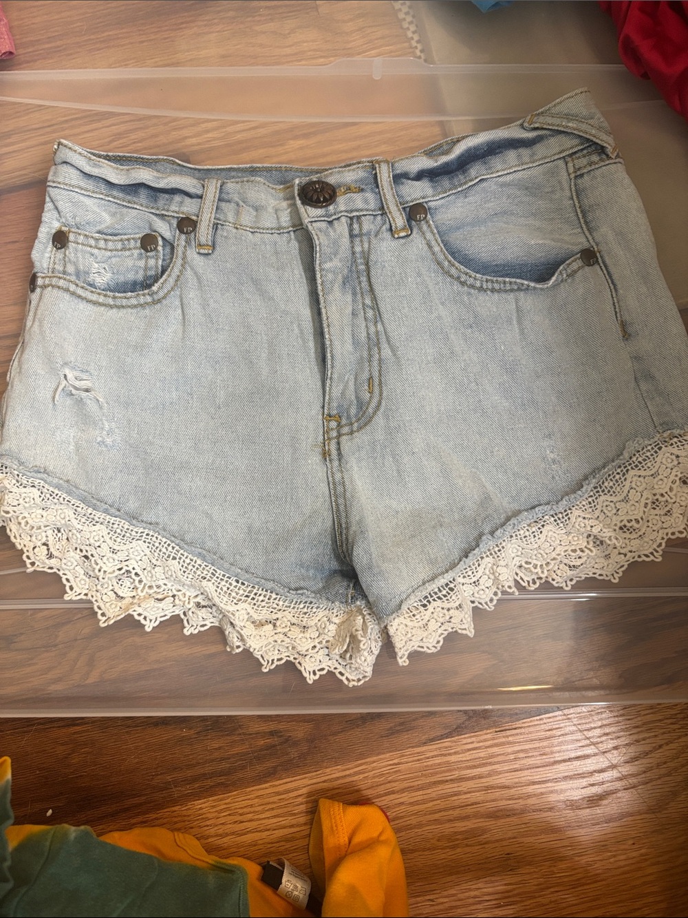 Free People Light Blue Denim Shorts with Cream Lace Trim